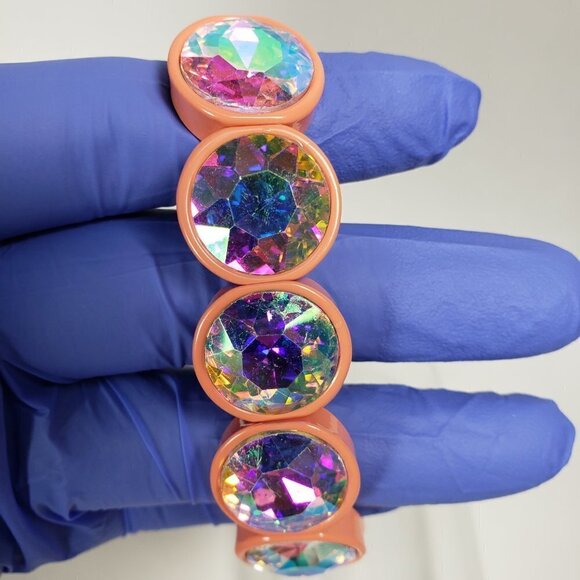 Chunky Iridescent Rhinestone Stretch Salmon Pink bracelet - Bold Women's Jewelry - Picture 4 of 8